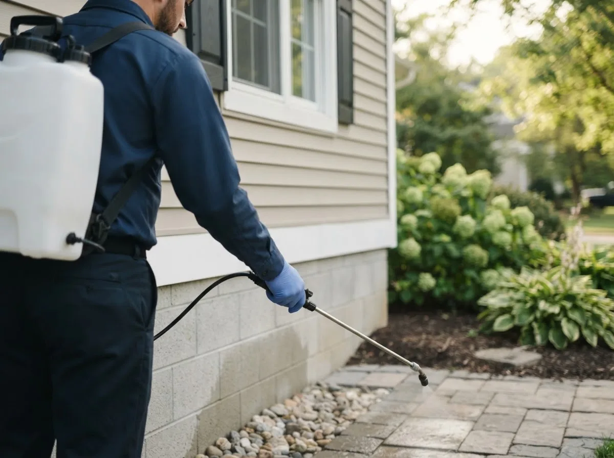 Pest control technician inspecting a home in Brooks, GA